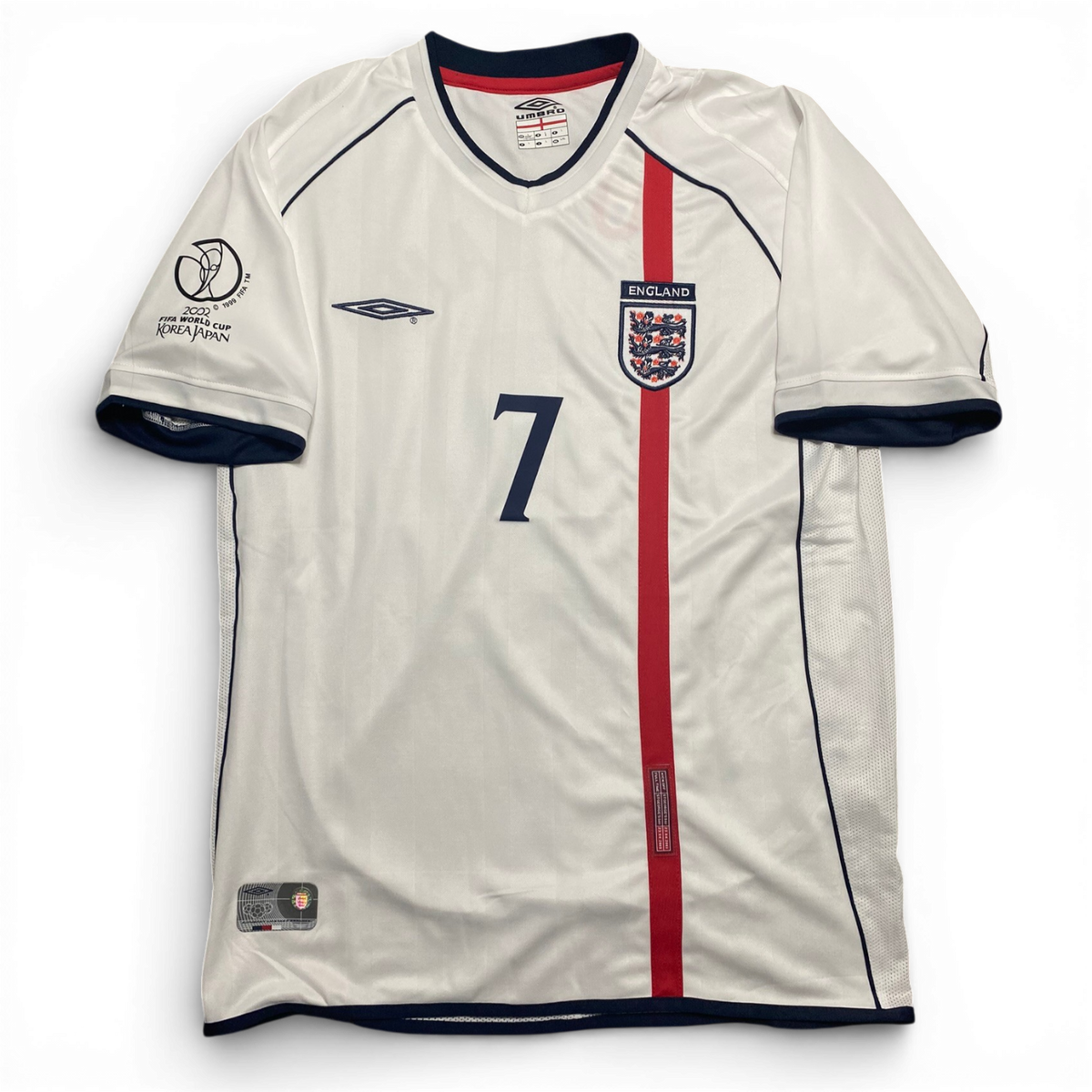England's home jersey for the 2002 World Cup. David Beckham
