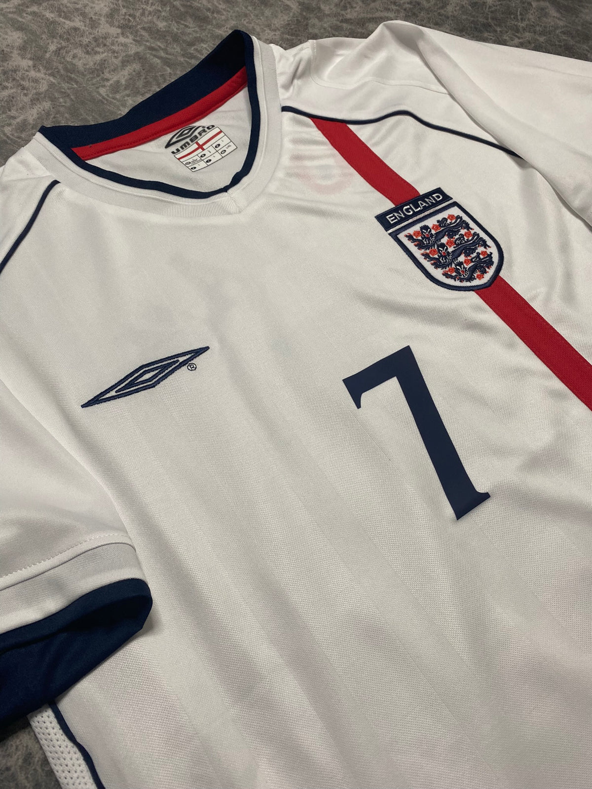 England's home jersey for the 2002 World Cup. David Beckham