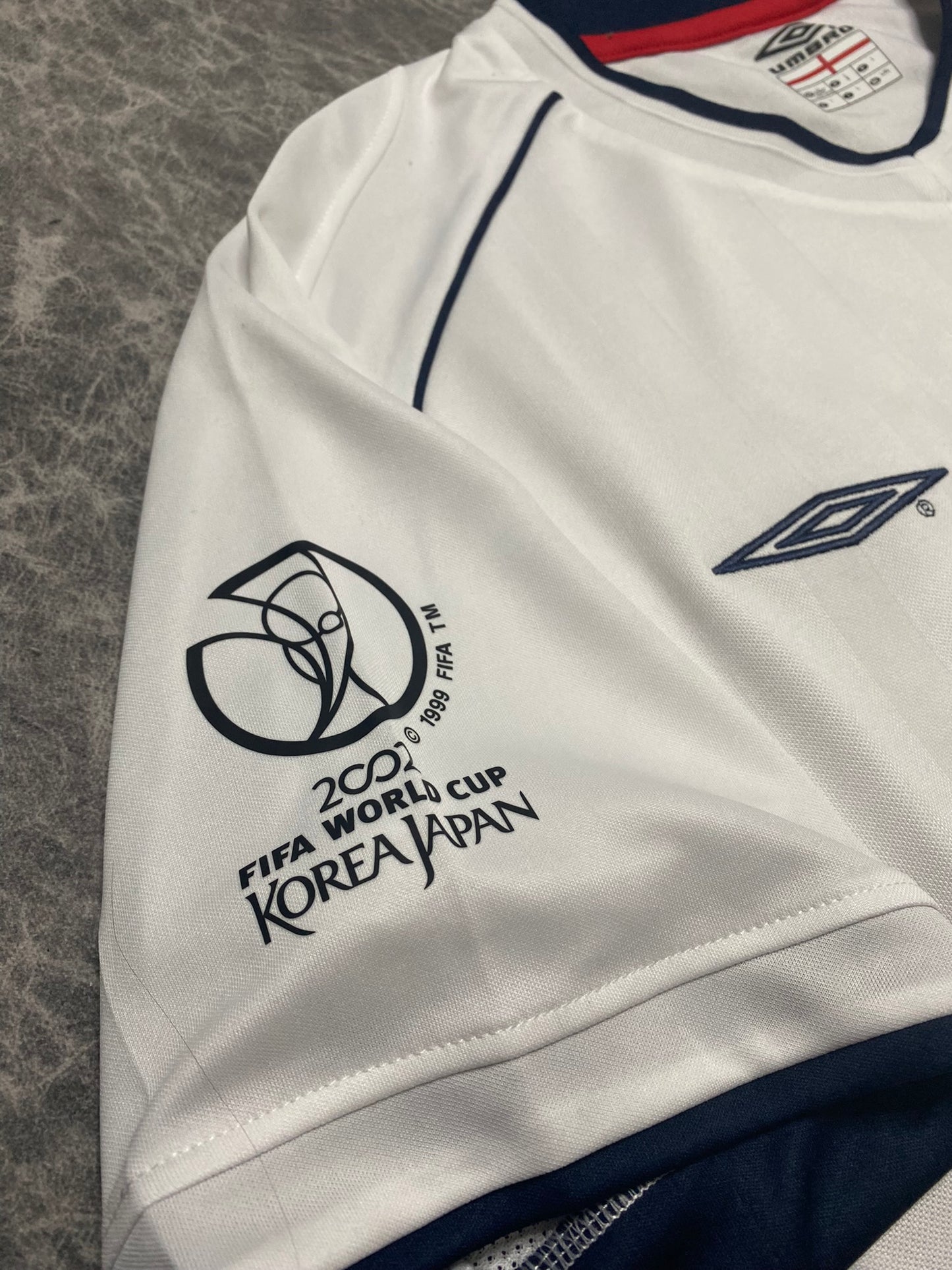 England's home jersey for the 2002 World Cup. David Beckham